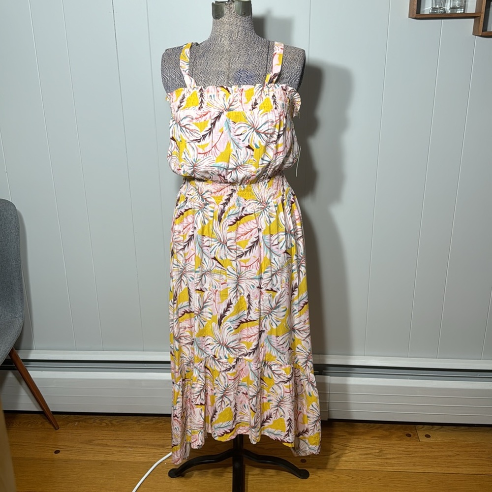 CURE NWT Womens Large Yellow Tropical Fit and Flare Midi Dress